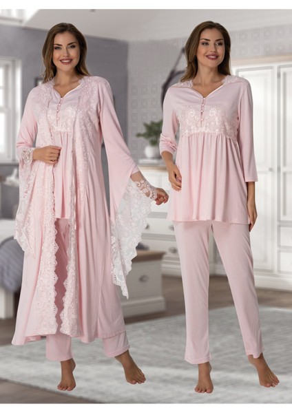 Kadın Pudra Lohusa Sabahlıklı Pijama Takımı EFFORTT 3015