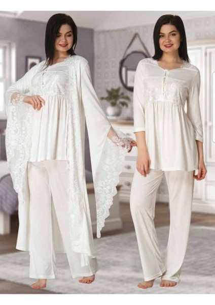 Kadın Ekru Lohusa Sabahlıklı Pijama Takımı EFFORTT 3015