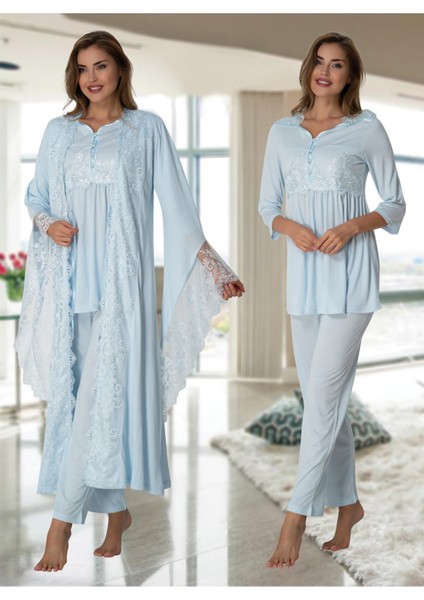 Kadın Mavi Lohusa Sabahlıklı Pijama Takımı EFFORTT 3015