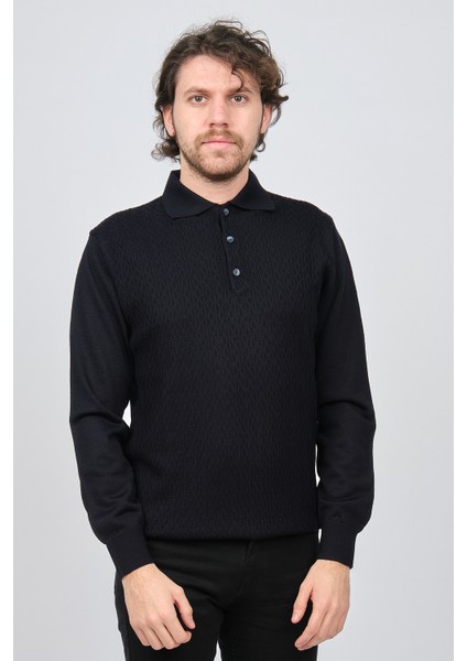 Erkek Polo Yaka Desenli Yün Kazak 6091563 Lacivert