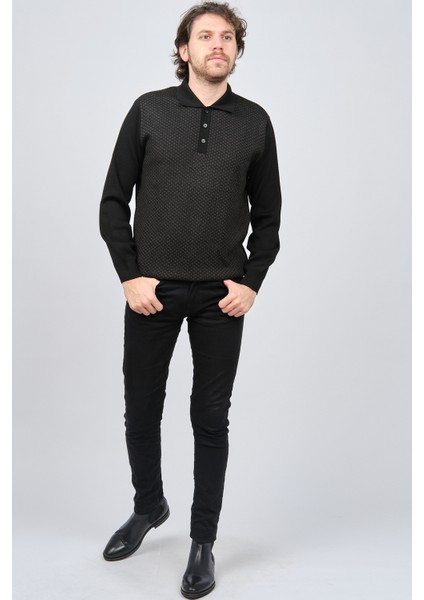Erkek Polo Yaka Desenli Yün Kazak 6091503 Siyah