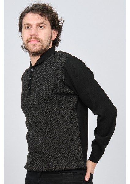 Erkek Polo Yaka Desenli Yün Kazak 6091503 Siyah