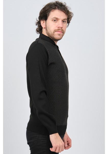 Erkek Polo Yaka Desenli Yün Kazak 6091503 Siyah