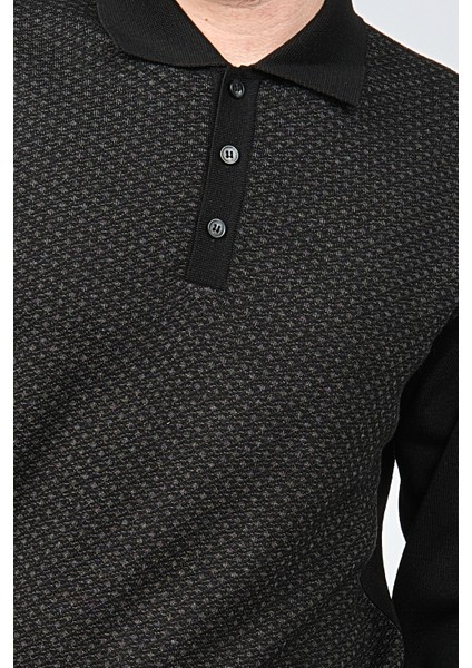 Erkek Polo Yaka Desenli Yün Kazak 6091503 Siyah