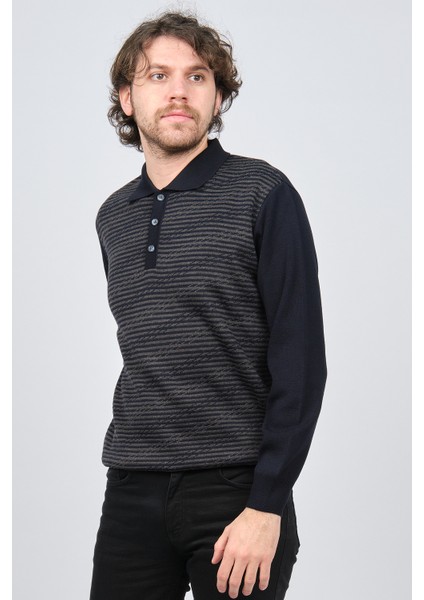 Erkek Polo Yaka Desenli Yün Kazak 6091623 Lacivert