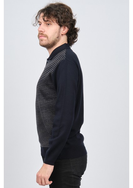 Erkek Polo Yaka Desenli Yün Kazak 6091623 Lacivert