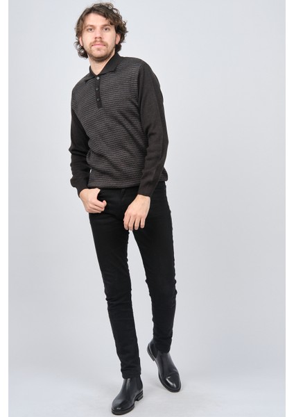 Erkek Polo Yaka Desenli Yün Kazak 6091623 Siyah