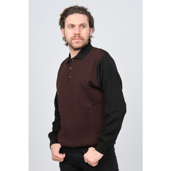 Woolen World Erkek Polo Yaka Desenli Yün Kazak 5596581 Siyah