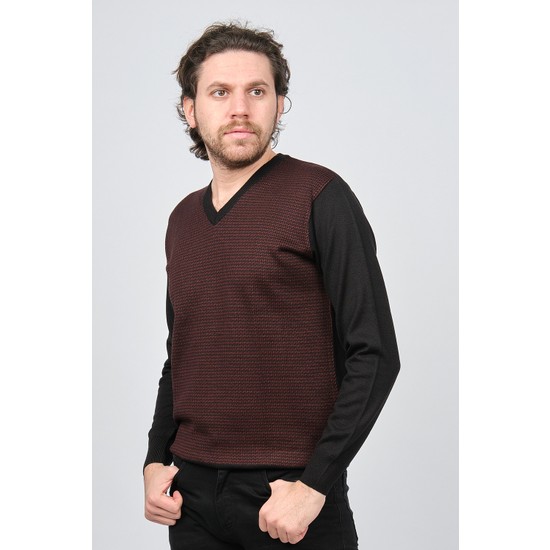 Woolen World Erkek V Yaka Desenli Yün Kazak 5596752 Bordo