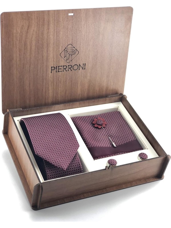 Pierroni Bordo Kravat 4 'lü Özel Ahşap Kutulu Set