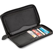 Anı Yüzük - Cep Telefonu Bölmeli Fermuarlı Erkek Deri Kartlık Cüzdan Siyah