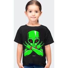 Rock&Roll Uzaylı Rocker Siyah Kısa Kollu Kız Erkek Çocuk T-Shirt