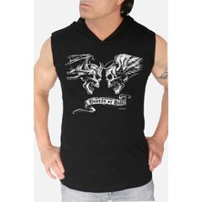 Rock&Roll Melek Şeytan Siyah Kapşonlu Kolsuz T-Shirt