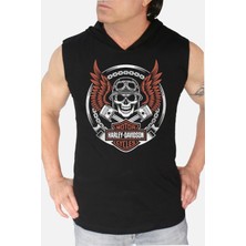 Rock&Roll Motorcu Kurukafa Siyah Kapşonlu Kolsuz T-Shirt