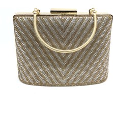 Womenacs Altın Renk Üçgen Taşlı Kadın Abiye Clutch Portföy Çanta