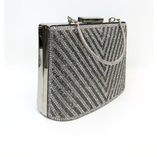Womenacs Gümüş Renk Üçgen Taşlı Kadın Abiye Clutch Portföy Çanta