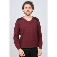 Desen Triko Erkek V Yaka Saf Yün Kazak 0246538 Bordo