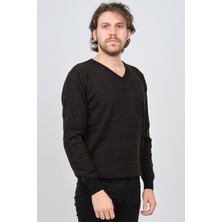 Desen Triko Erkek V Yaka Desenli Saf Yün Kazak 0246569 Kahverengi