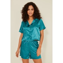 C&city 044 Kadın Saten Crop Gömlek Şort Takım Petrol
