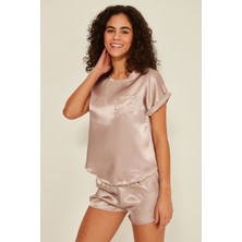 C&city 080 Kadın Saten T-Shirt Şort Takım Vizon