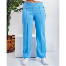 Mağaza 35 Kadın Bebe Mavisi Yüksek Bel Ön Çimalı Yan Greaming Baskılı Bol Paça Iki Iplik Eşofman Altı