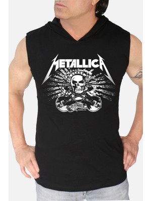 Rock&Roll Metallica Kurukafa Siyah Kapşonlu Kolsuz T-Shirt