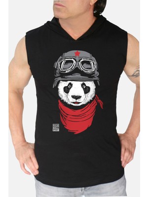 Rock&Roll Bandanalı Panda Siyah Kapşonlu Kolsuz T-Shirt