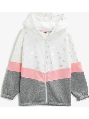 Koton Kız Çocuk Pamuklu Kapüşonlu Baskılı Renk Bloklu Fermuarli Sweatshirt