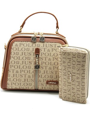 Kadın Vizon-Taba Baskı Desenli Omuz Çanta ve Cüzdan Kombini JPT2057-05