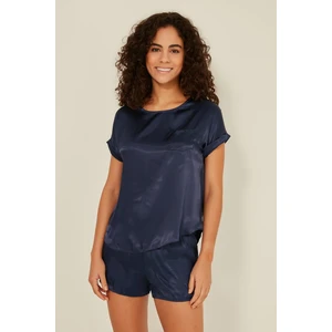 080 Kadın Saten T-Shirt Şort Takım Lacivert