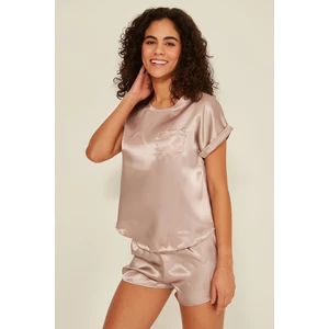 080 Kadın Saten T-Shirt Şort Takım Vizon
