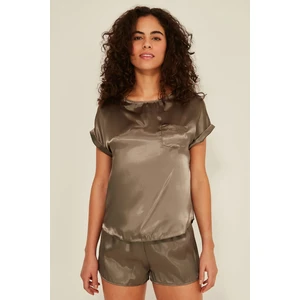 080 Kadın Saten T-Shirt Şort Takım Koyu Yeşil