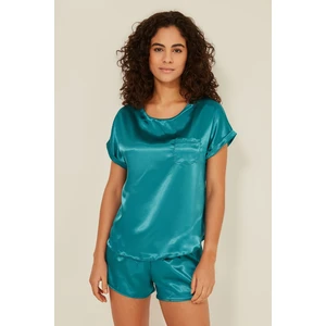 080 Kadın Saten T-Shirt Şort Takım Petrol