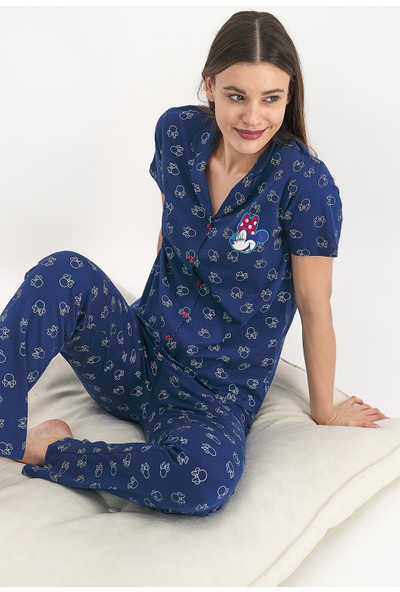 Rozalinda Mickey Mouse Kadın Gömlek Pijama Takımı Lacivert