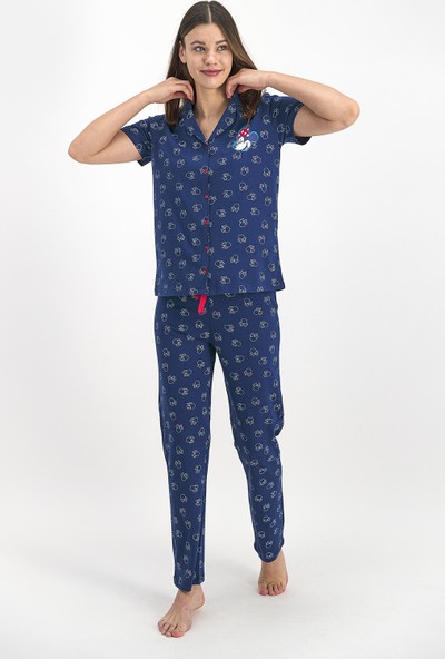 Rozalinda Mickey Mouse Kadın Gömlek Pijama Takımı Lacivert