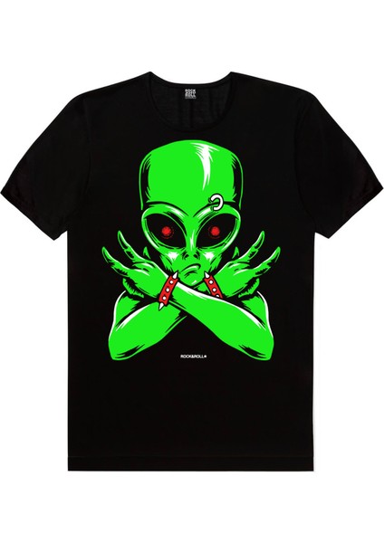 Uzaylı Rocker Siyah Kısa Kollu Erkek T-Shirt
