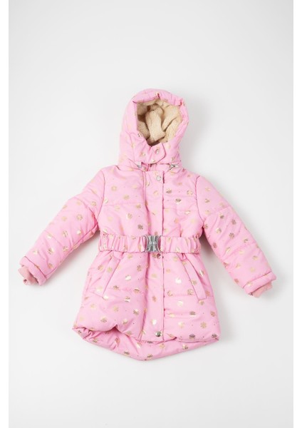 Kapşonlu Içi Polar Kar Tanesi Baskılı Şişme Mont modelleri