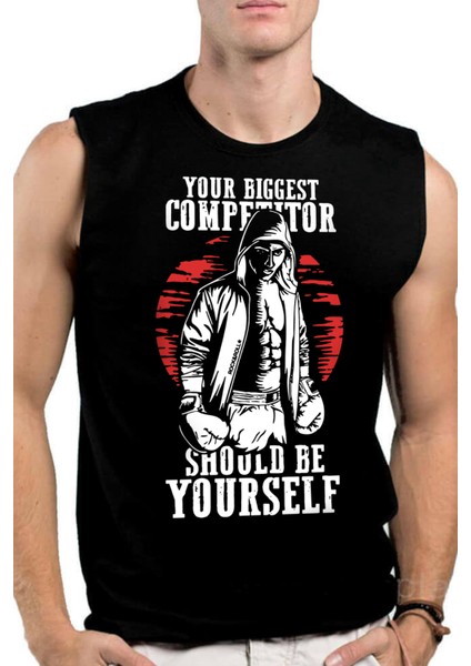 Rakipsiz Boksör Siyah Kesik Kol Kolsuz Erkek T-Shirt Atlet
