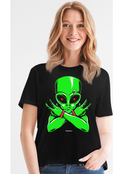 Uzaylı Rocker Siyah Kısa Kollu Kadın T-Shirt