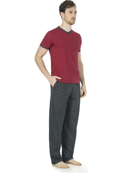 Bordo V Yaka Kısakollu 3lü Penye Pijama Takımı