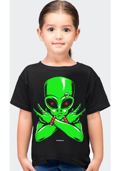 Uzaylı Rocker Siyah Kısa Kollu Kız Erkek Çocuk T-Shirt