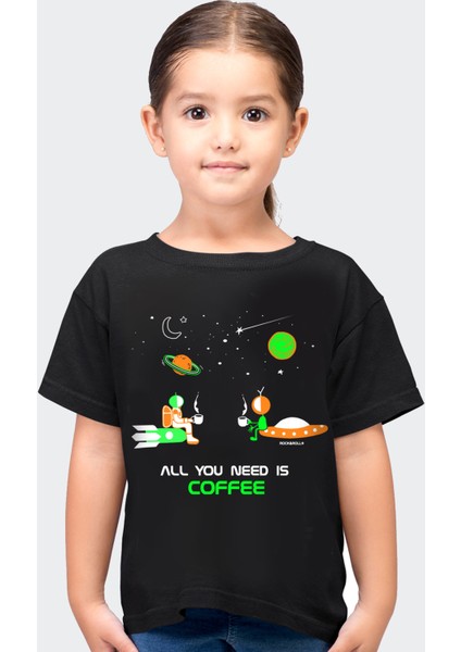 Uzayda Kahve Siyah Kısa Kollu Kız Erkek Çocuk T-Shirt