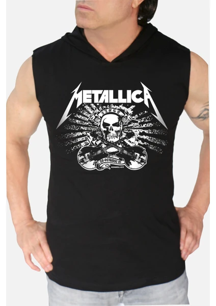 Metallica Kurukafa Siyah Kapşonlu Kolsuz T-Shirt