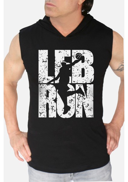Lebron Yazı Siyah Kapşonlu Kolsuz T-Shirt