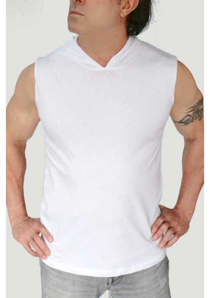 Düz, Baskısız Basic Beyaz Kapşonlu Kolsuz T-Shirt