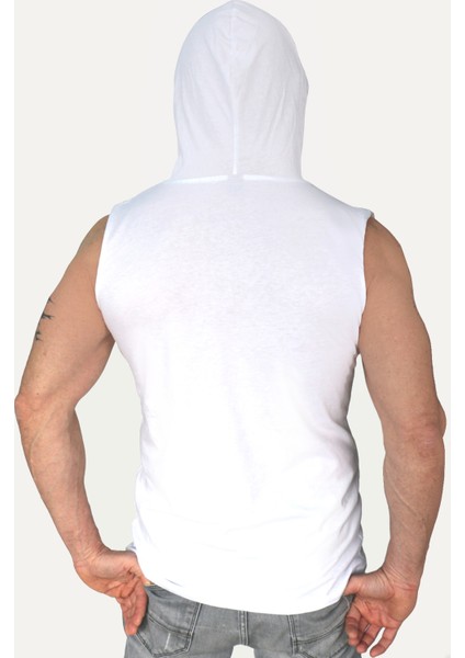 Düz, Baskısız Basic Beyaz Kapşonlu Kolsuz T-Shirt