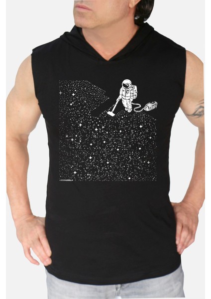 Süpürgeli Astronot Siyah Kapşonlu Kolsuz T-Shirt