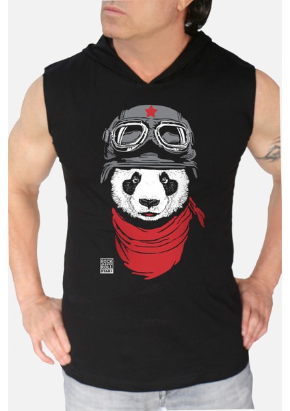 Bandanalı Panda Siyah Kapşonlu Kolsuz T-Shirt
