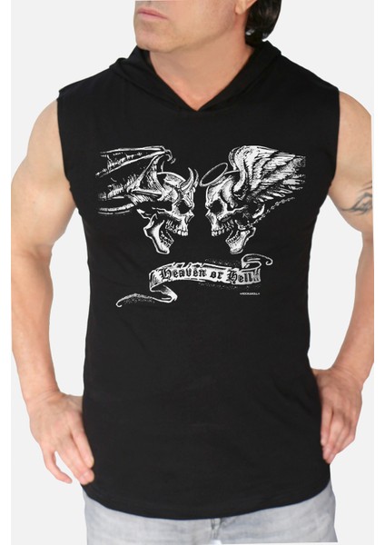 Melek Şeytan Siyah Kapşonlu Kolsuz T-Shirt