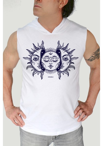 Ay Güneş Beyaz Kapşonlu Kolsuz T-Shirt